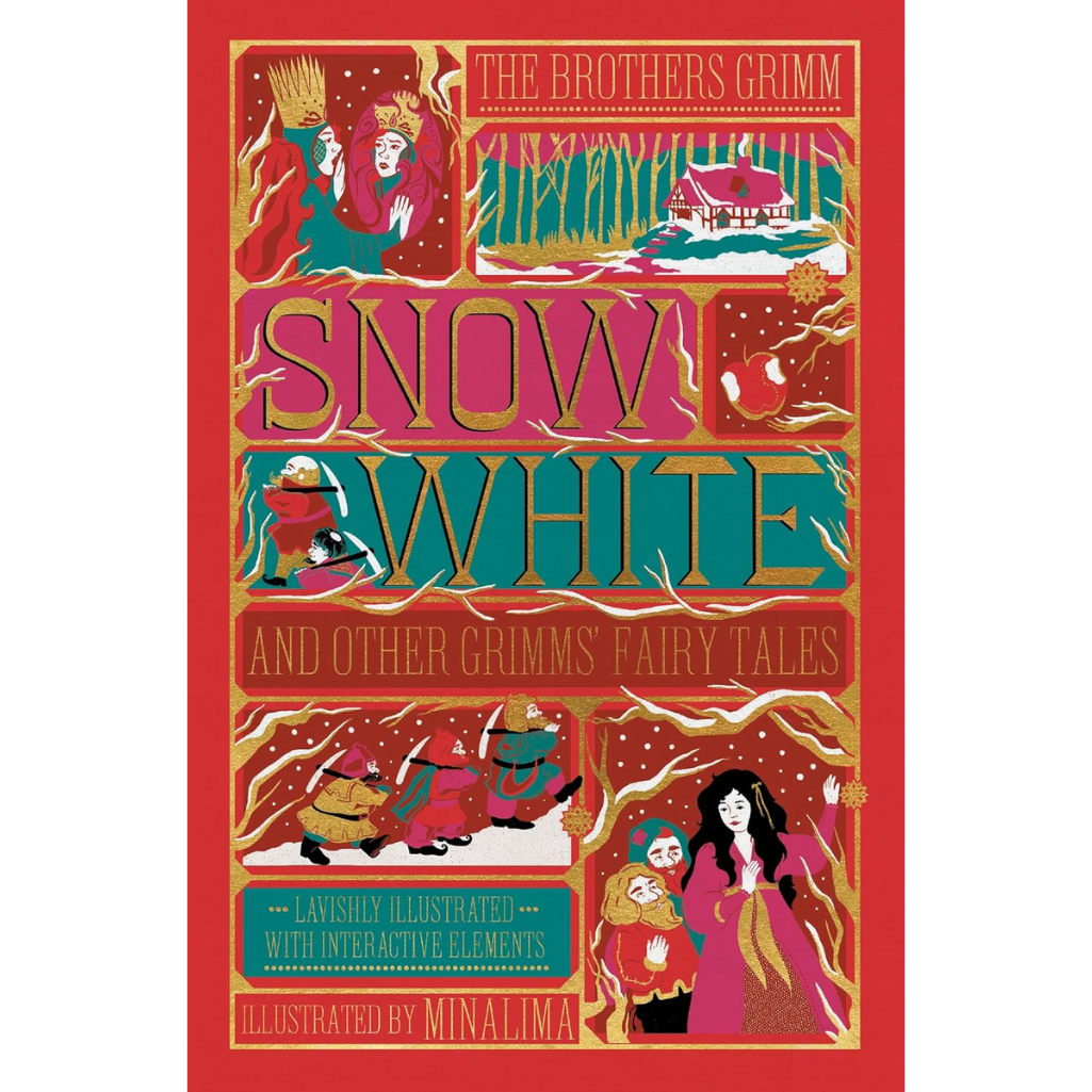Book cover of 'Snow White and Other Grimms' Fairy Tales' with colorful illustrations on a red background.