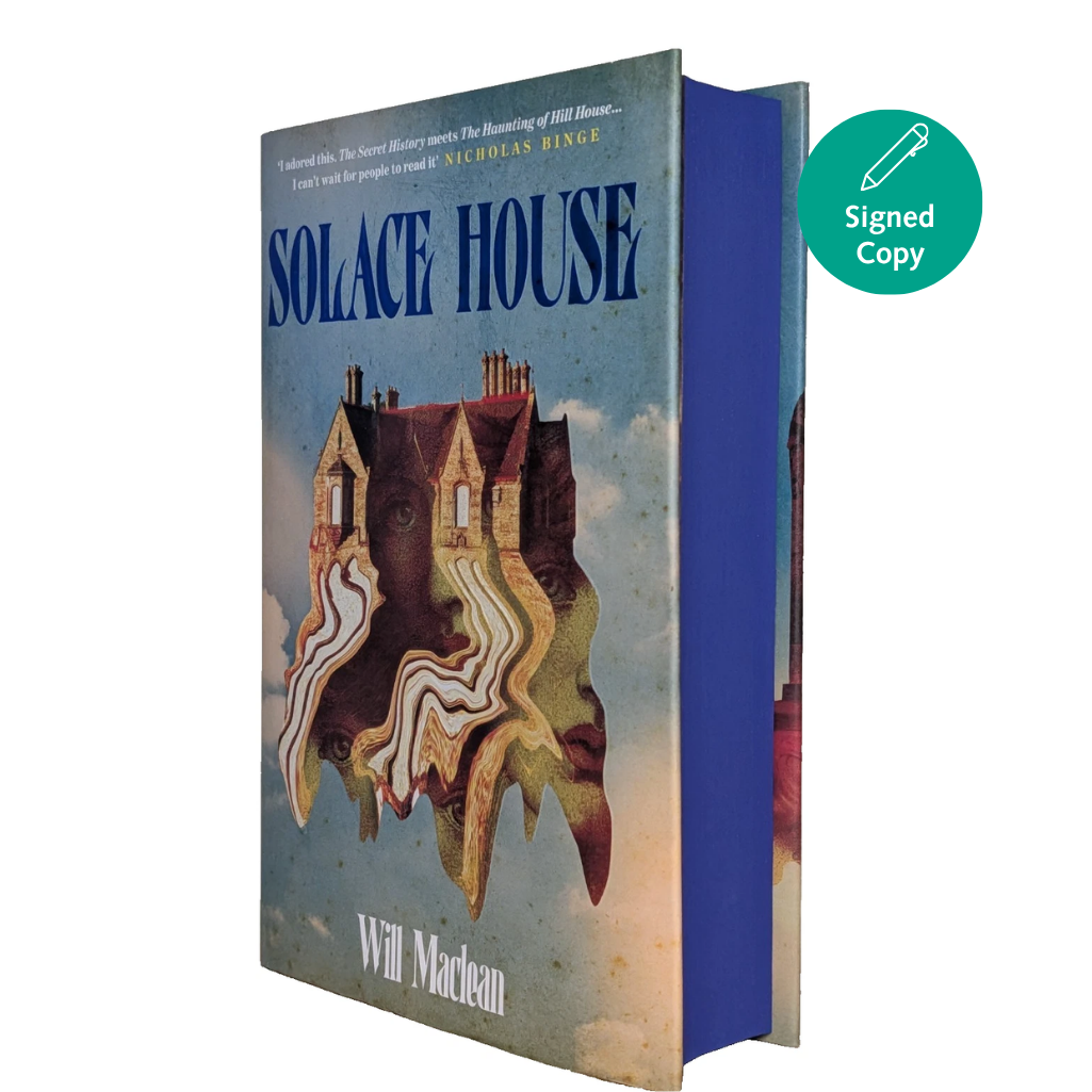 Book titled 'Solace House' with a blue spine and colorful cover design on a white background.