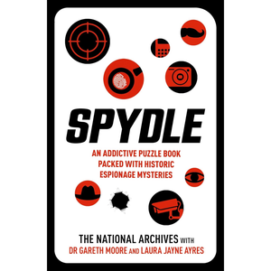 Book cover of 'Spydle' with spy-themed icons and text on a white background