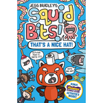 Front cover of the children's book 'Jess Bradley's Squid Bits! That's a Nice Hat!' featuring colorful cartoon illustrations on a bright blue background, including a red panda, a squid, a shark, and speech bubbles.