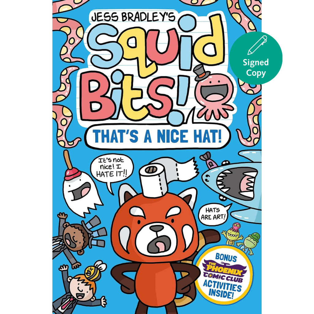 Book cover of 'Squid Bits! That's a Nice Hat!' with colorful illustrations and text.