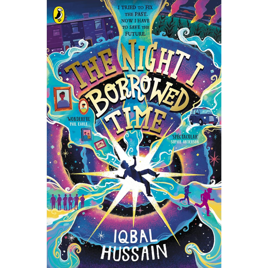 Book cover of 'The Night I Borrowed Time' by Iqbal Hussain with colorful design elements.