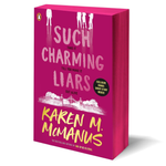 Book titled 'Such Charming Liars' by Karen M. McManus with a pink cover on a white background
