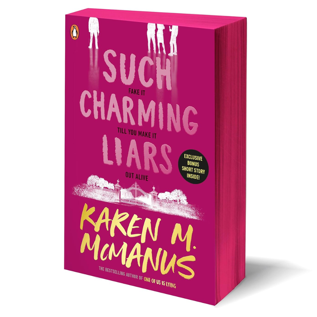 Book titled 'Such Charming Liars' by Karen M. McManus with a pink cover on a white background