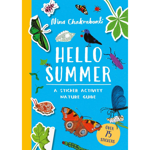 Book cover of 'Hello Summer' with stickers and nature-themed illustrations on a blue and yellow background.