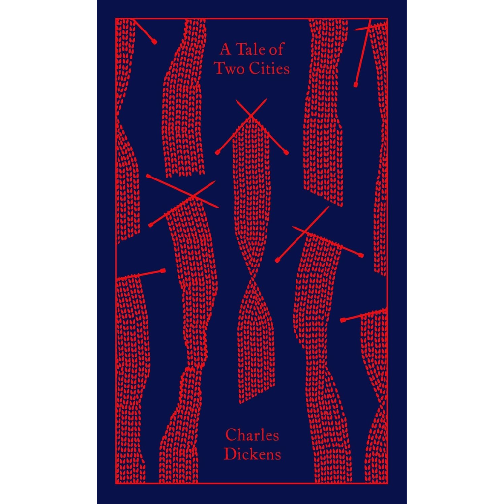 Book cover of 'A Tale of Two Cities' by Charles Dickens with red text on a blue background