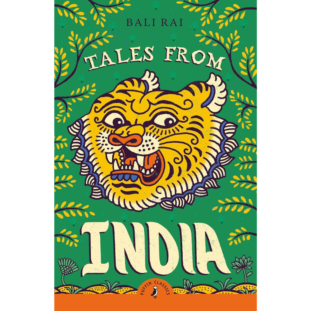 Book cover of 'Tales from India' with a tiger illustration on a green background