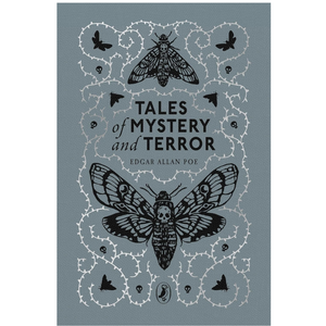 Book cover of 'Tales of Mystery and Terror' by Edgar Allan Poe with moth illustrations on a gray background.