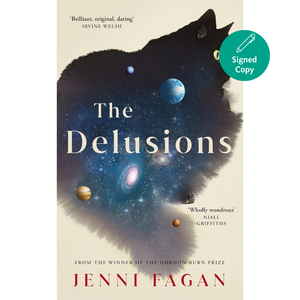 Book cover of 'The Delusions' by Jenni Fagan with a black cat silhouette and space-themed design.