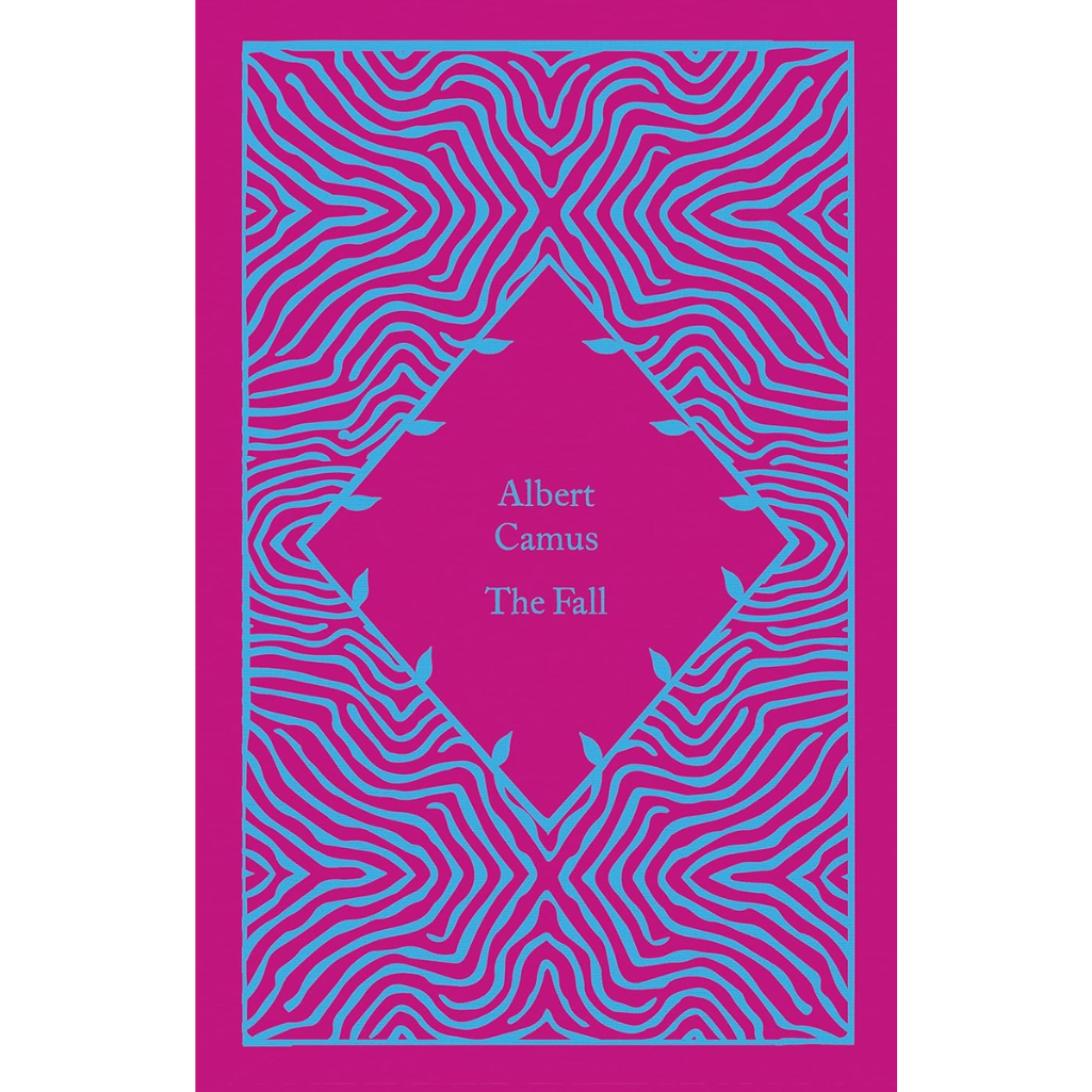 Book cover with pink and blue design and 'Albert Camus The Fall' text