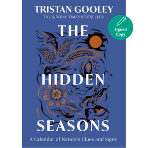 Book cover of 'The Hidden Seasons' by Tristan Gooley with nature-themed illustrations on a blue background.