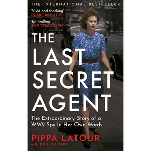 Book cover of 'The Last Secret Agent' with a woman in a blue dress walking on a street.