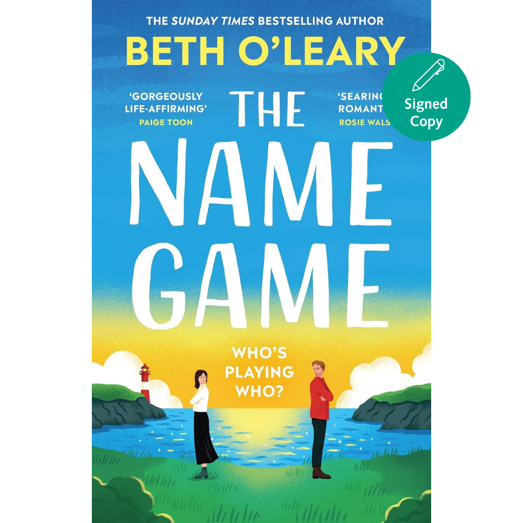 Book cover of 'The Name Game' by Beth O'Leary with a lighthouse and two people standing on a grassy area.