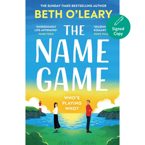 Book cover of 'The Name Game' by Beth O'Leary with a lighthouse and two people standing on a grassy area.