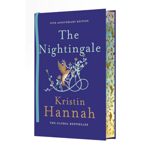 Book titled 'The Nightingale' by Kristin Hannah with a blue cover and decorative elements.