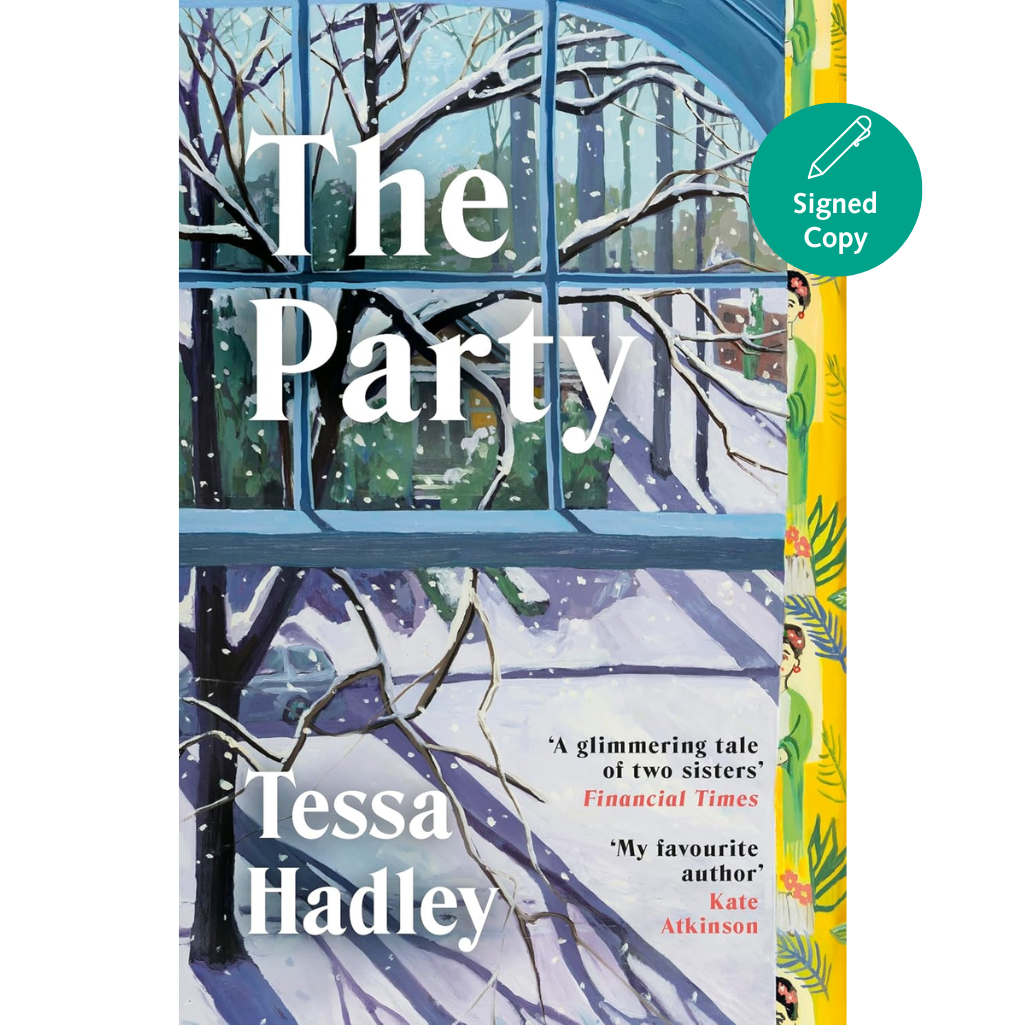 Book cover of 'The Party' by Tessa Hadley with a snowy window illustration.
