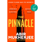 Book cover of 'The Pinnacle' by Abir Mukherjee with an orange background and silhouette of a building.