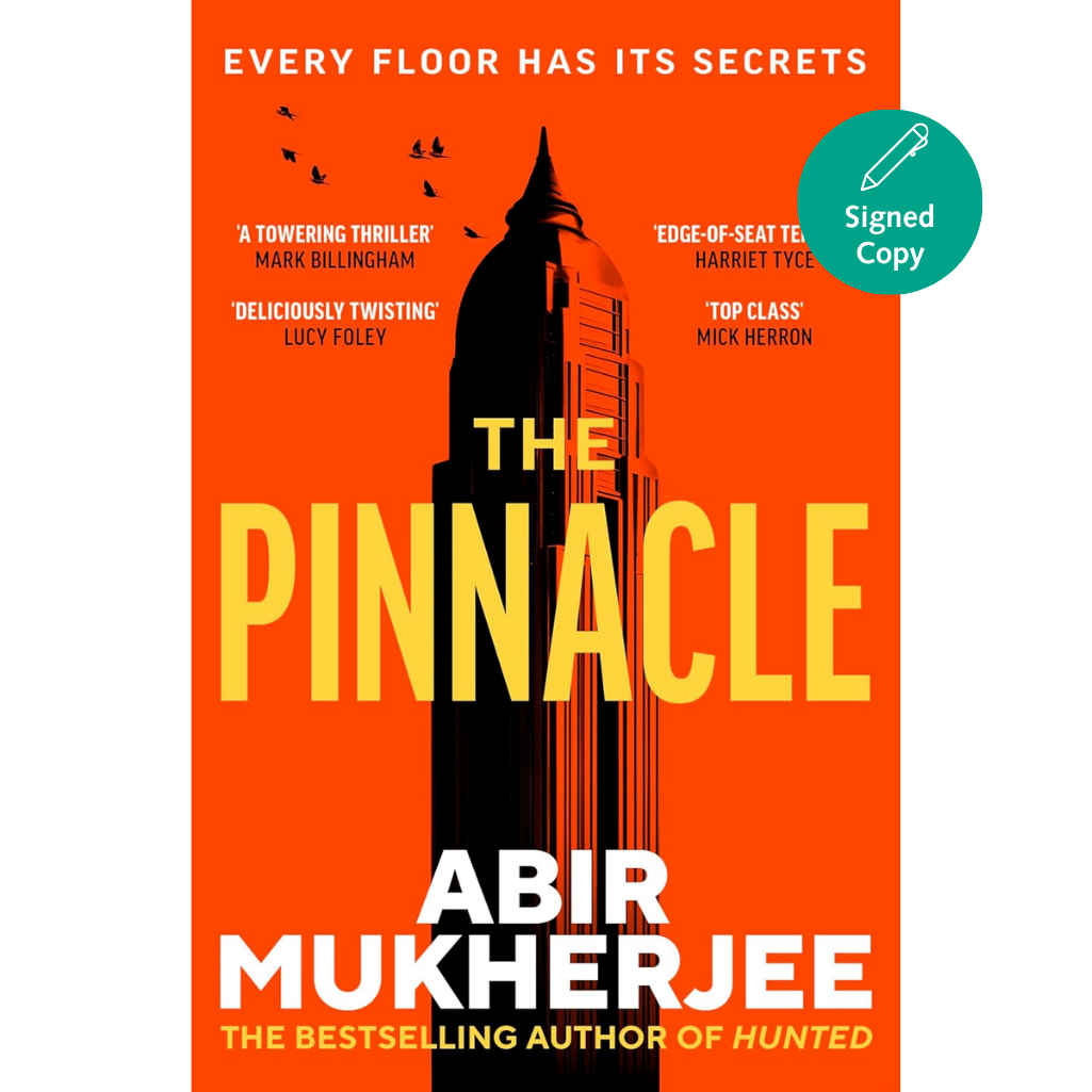 Book cover of 'The Pinnacle' by Abir Mukherjee with an orange background and silhouette of a building.