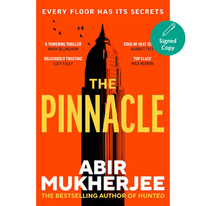 Book cover of 'The Pinnacle' by Abir Mukherjee with an orange background and silhouette of a building.
