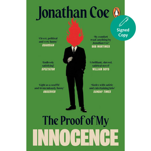 Book cover of 'The Proof of My Innocence' by Jonathan Coe with a green background and red hair illustration.