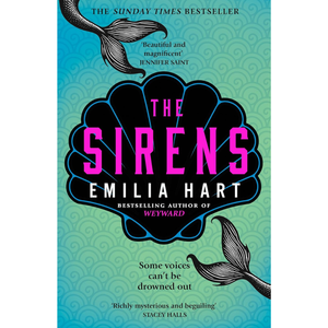 Book cover of 'The Sirens' by Emilia Hart with mermaid tails on a blue and green patterned background.