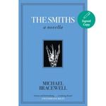 Book cover of 'The Smiths' novella by Michael Bracewell with a blue background and black and white image.