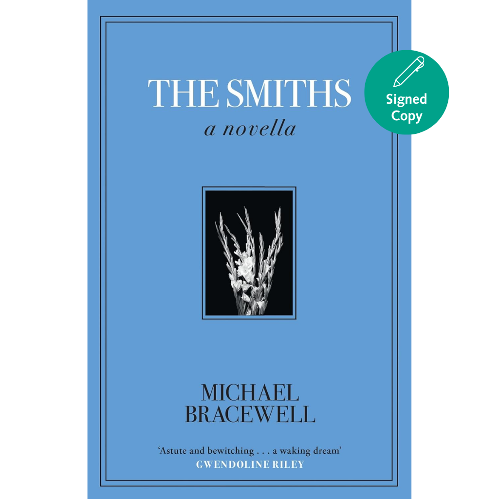 Book cover of 'The Smiths' novella by Michael Bracewell with a blue background and black and white image.