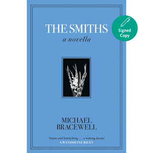Book cover of 'The Smiths' novella by Michael Bracewell with a blue background and black and white image.
