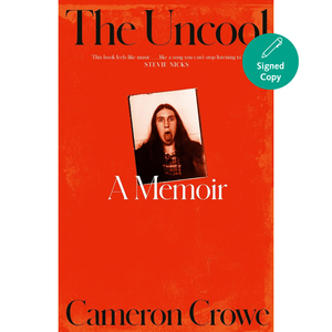 Book cover of 'The Uncool' by Cameron Crowe with a red background and a photo of a person on a white square.
