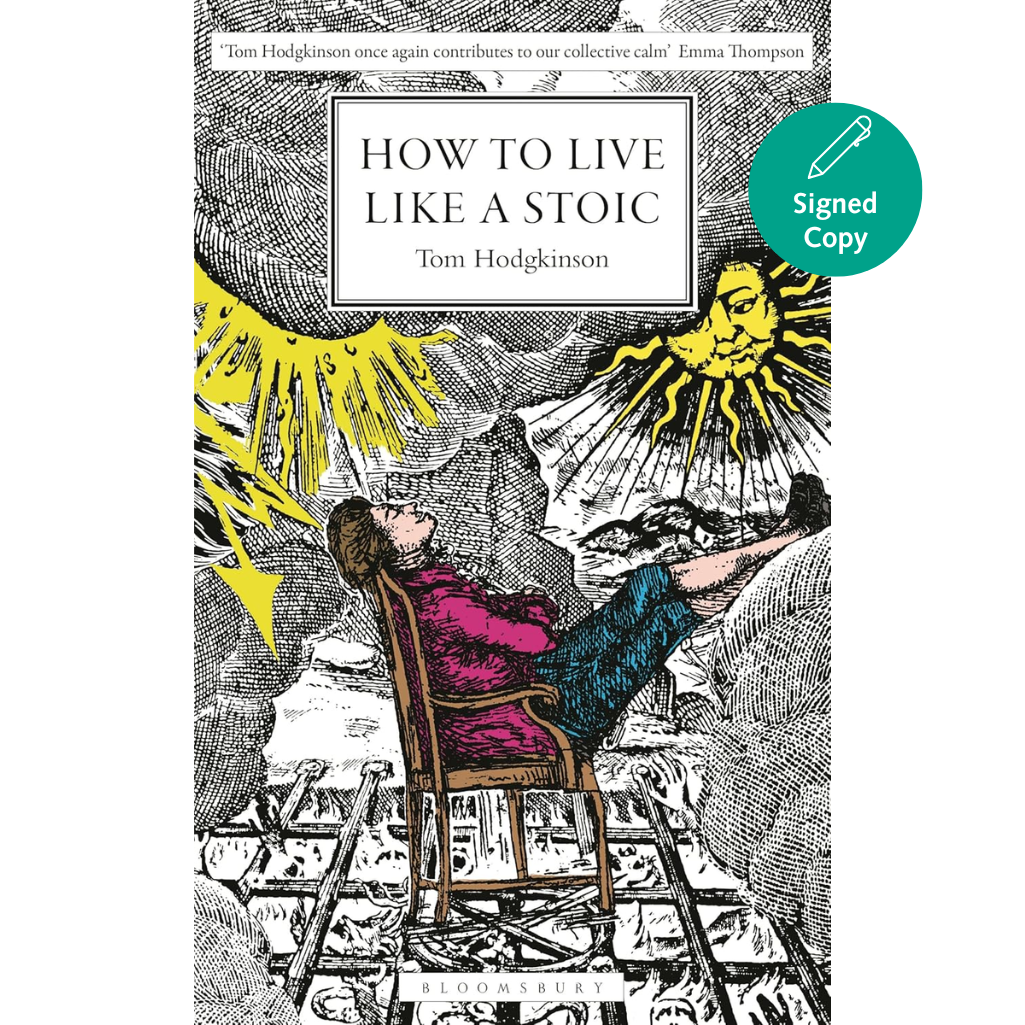Book cover of 'How to Live Like a Stoic' by Tom Hodgkinson with a stylized illustration of a person sitting in a chair under a sun.