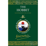 Book cover of 'The Hobbit' with J.R.R. Tolkien's signature and illustrations.