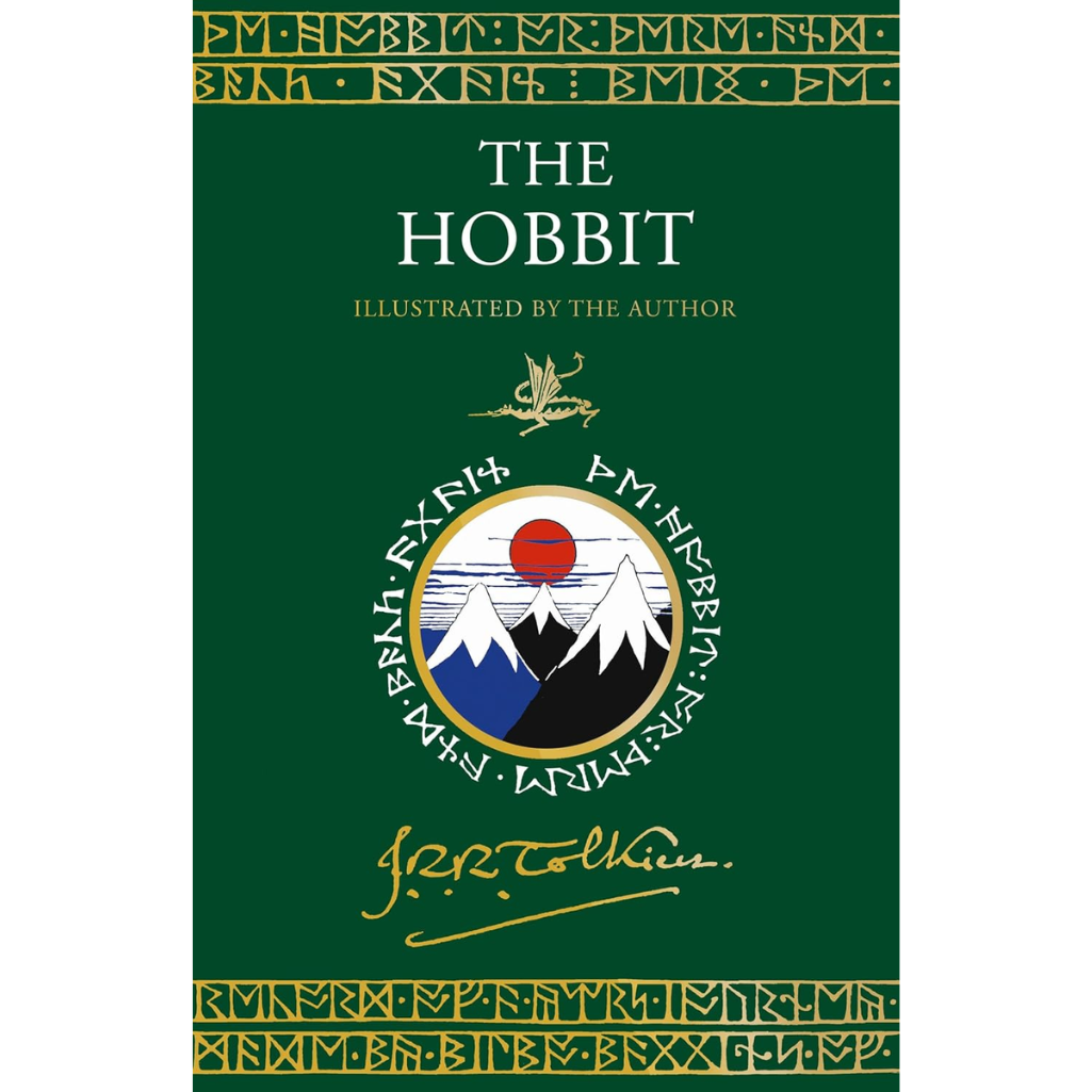Book cover of 'The Hobbit' with J.R.R. Tolkien's signature and illustrations.