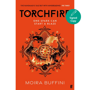 Book cover of 'Torchfire' by Moira Buffini with an orange background and decorative elements.