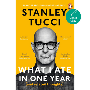 Book cover of 'What I Ate in One Year' by Stanley Tucci with a yellow background and black and white photo of the author.