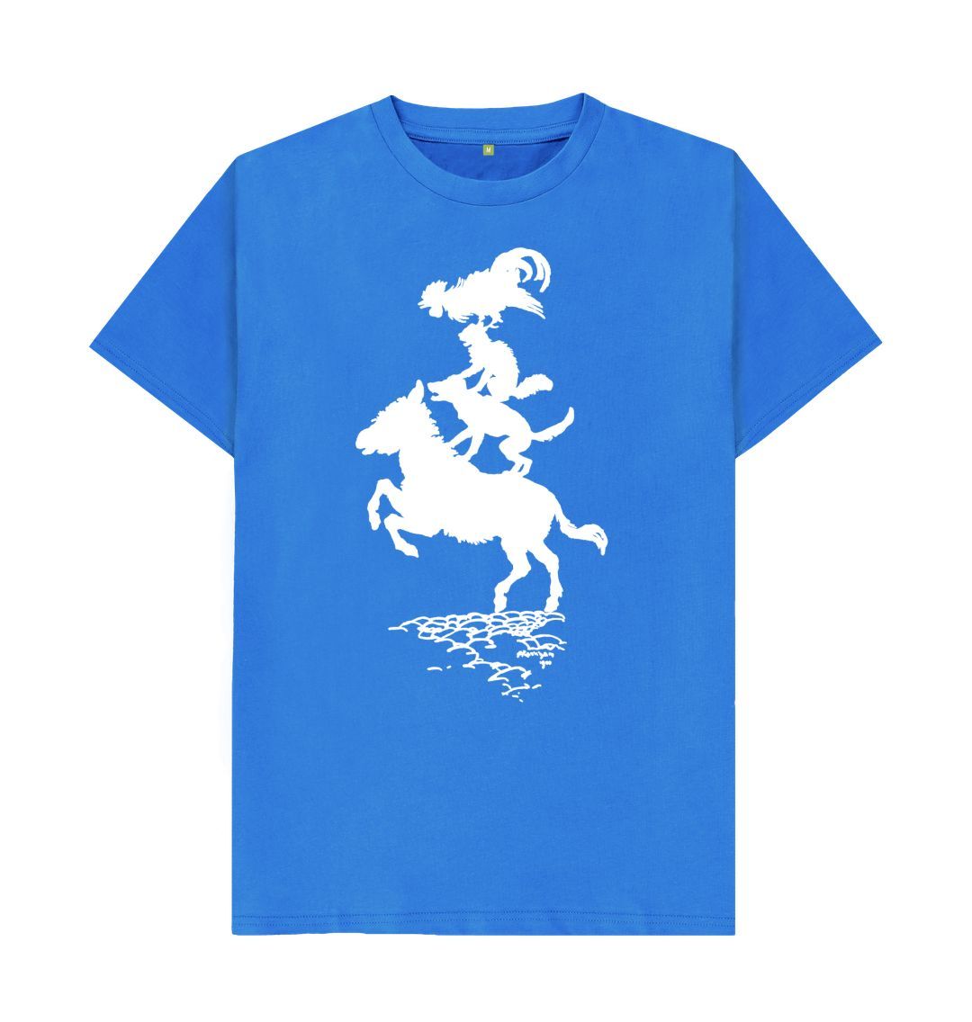 Bright Blue Bremen Town Musicians in white T-shirt