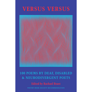 Cover image description: The book's cover features a square-shaped artwork by Polish artist, Julian Stanczak, entitled 'Concurrent Colors'. The painting creates an optical illusion of vertical moving curved lines in red and blue, giving the impression of moving waves or sand dunes. At the edges of the painting the lines thin out so that they resemble a comb effect. The painting has a darker blue framing band around it, filling the extent of the cover. The title of the anthology 'VERSUS VERSUS' is in a large