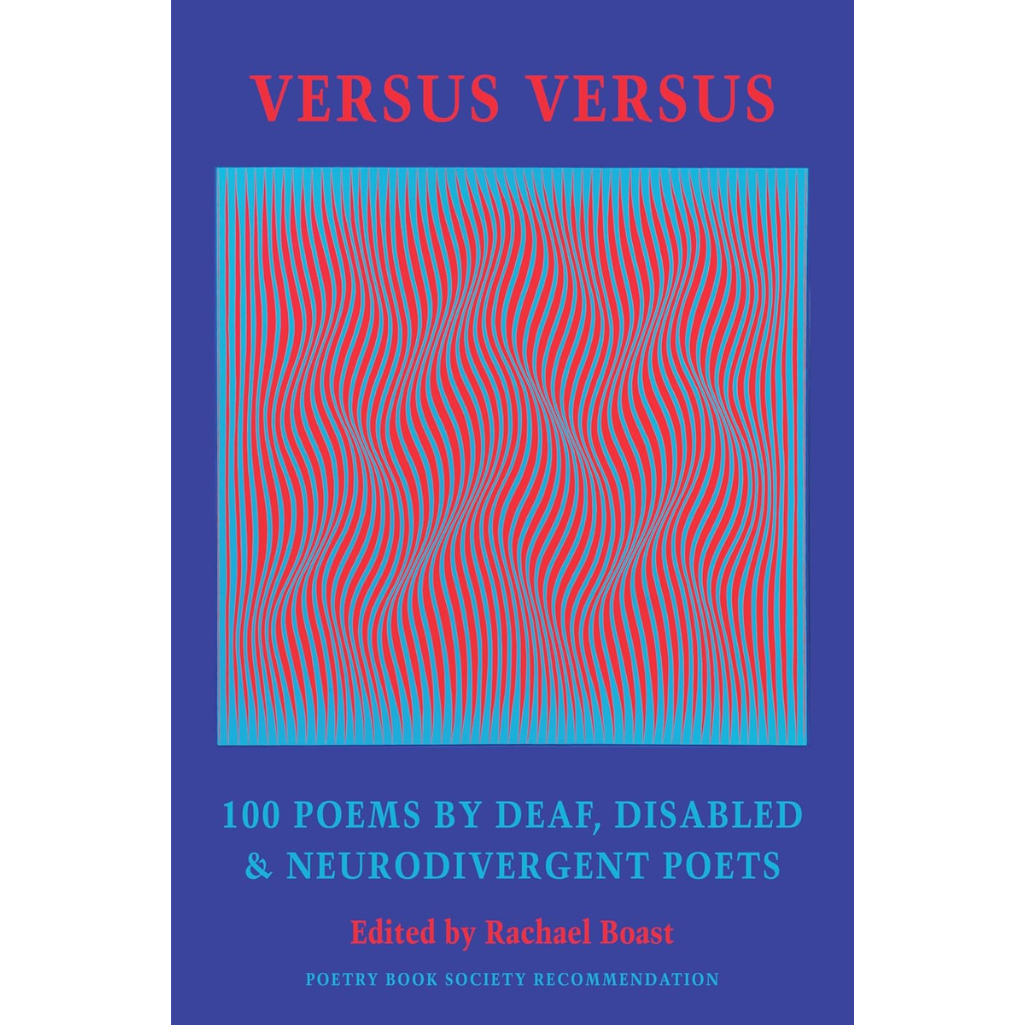 Cover image description: The book's cover features a square-shaped artwork by Polish artist, Julian Stanczak, entitled 'Concurrent Colors'. The painting creates an optical illusion of vertical moving curved lines in red and blue, giving the impression of moving waves or sand dunes. At the edges of the painting the lines thin out so that they resemble a comb effect. The painting has a darker blue framing band around it, filling the extent of the cover. The title of the anthology 'VERSUS VERSUS' is in a large