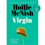 Book cover of 'Virgin' by Hollie McNish with a green background and Venus flytrap illustration.
