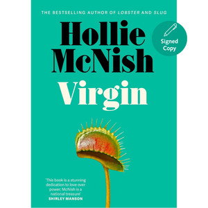 Book cover of 'Virgin' by Hollie McNish with a green background and Venus flytrap illustration.
