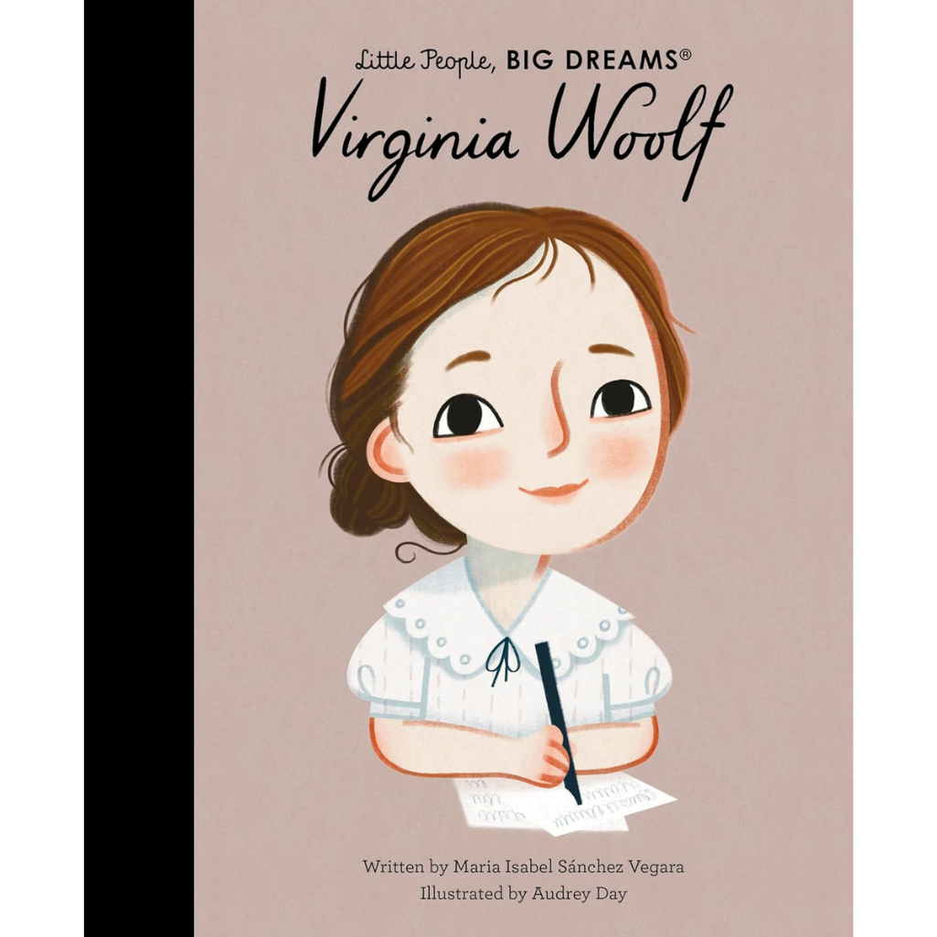 Book cover of 'Little People, Big Dreams: Virginia Woolf' with an illustration of Virginia Woolf holding a pen.