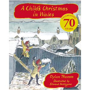 Book cover of 'A Child's Christmas in Wales' with snowy scene and two children playing.