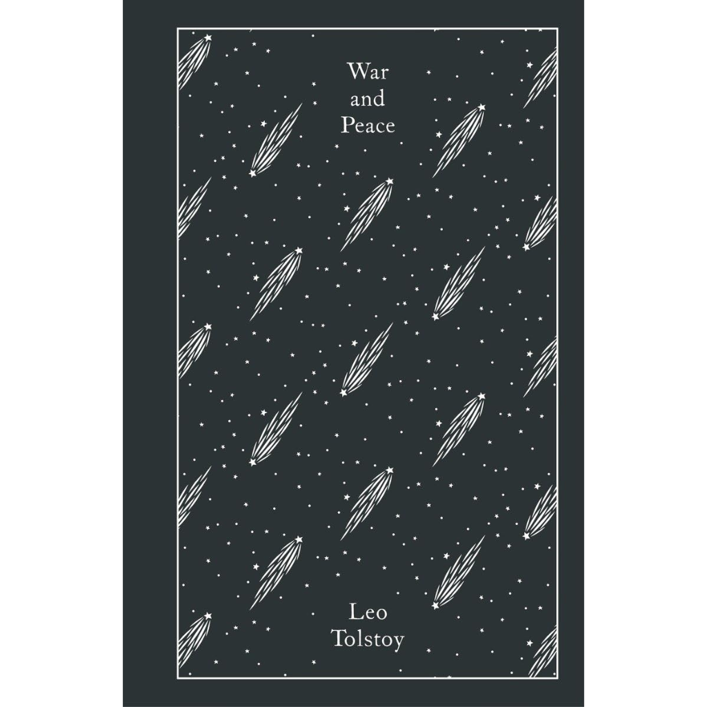 Book cover of 'War and Peace' by Leo Tolstoy with comet pattern on a dark background