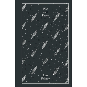 Book cover of 'War and Peace' by Leo Tolstoy with comet pattern on a dark background