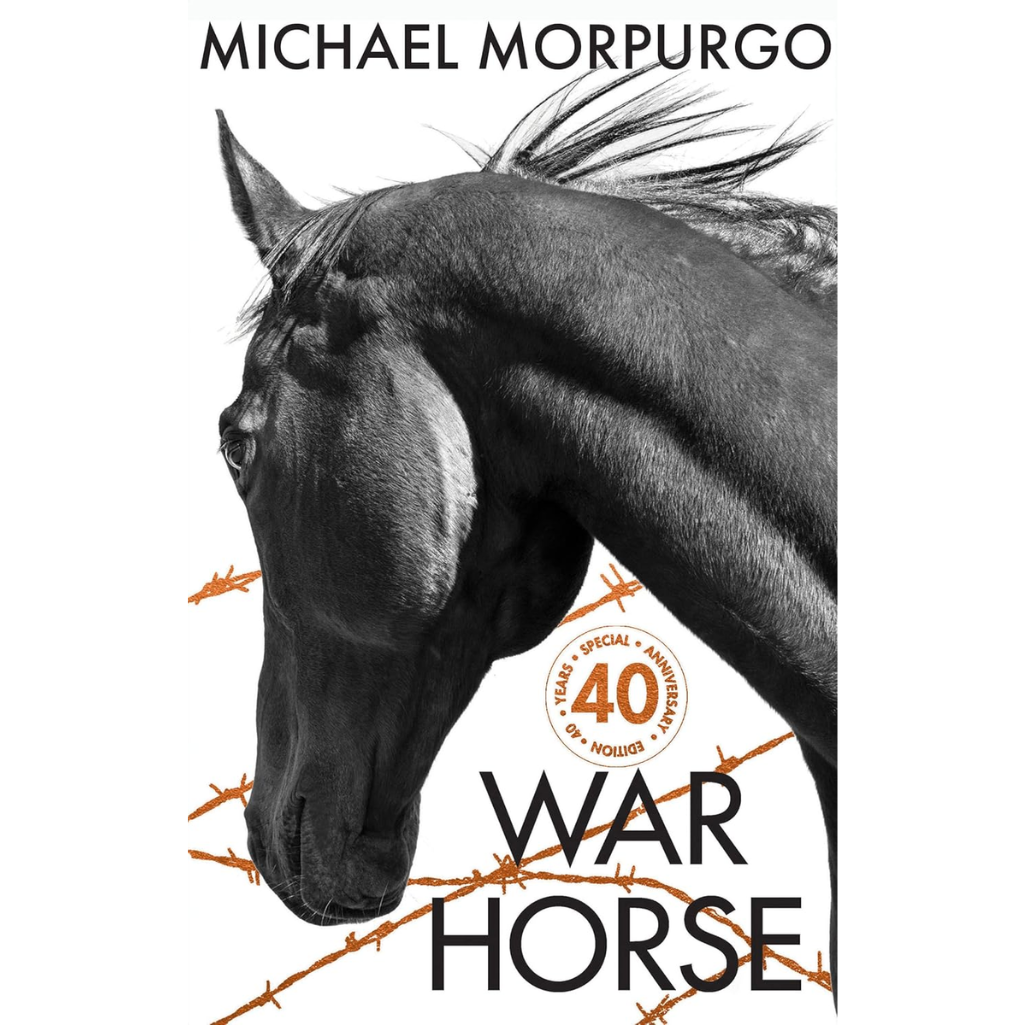 Book cover of 'War Horse' by Michael Morpurgo featuring a horse and barbed wire.