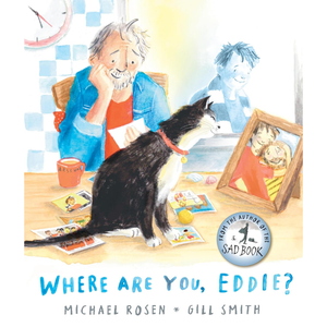 Book cover of 'Where Are You, Eddie?' with a man and cat at a table.
