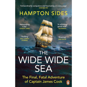 Book cover of 'The Wide Wide Sea' with a ship on a stormy sea, featuring reviews above the title.