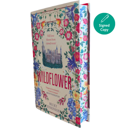 Book titled 'Wildflower' with floral design and signed copy label on a white background