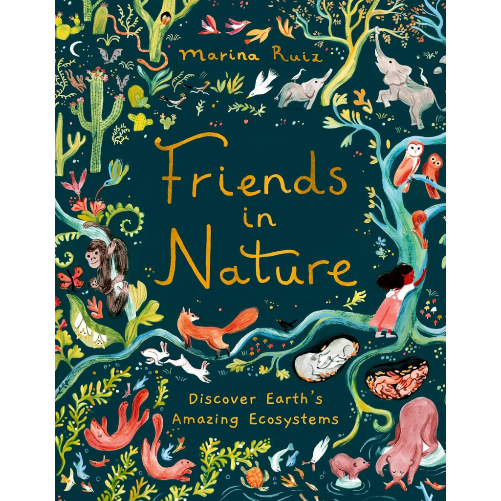 Book cover of 'Friends in Nature' by Marina Ruiz with illustrations of animals and people in a natural setting.