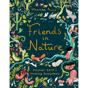 Book cover of 'Friends in Nature' by Marina Ruiz with illustrations of animals and people in a natural setting.
