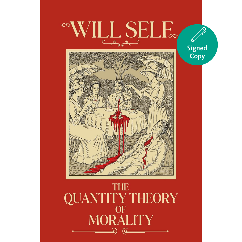 Book cover of 'The Quantity Theory of Morality' by Will Self with a red background and black and white illustration.